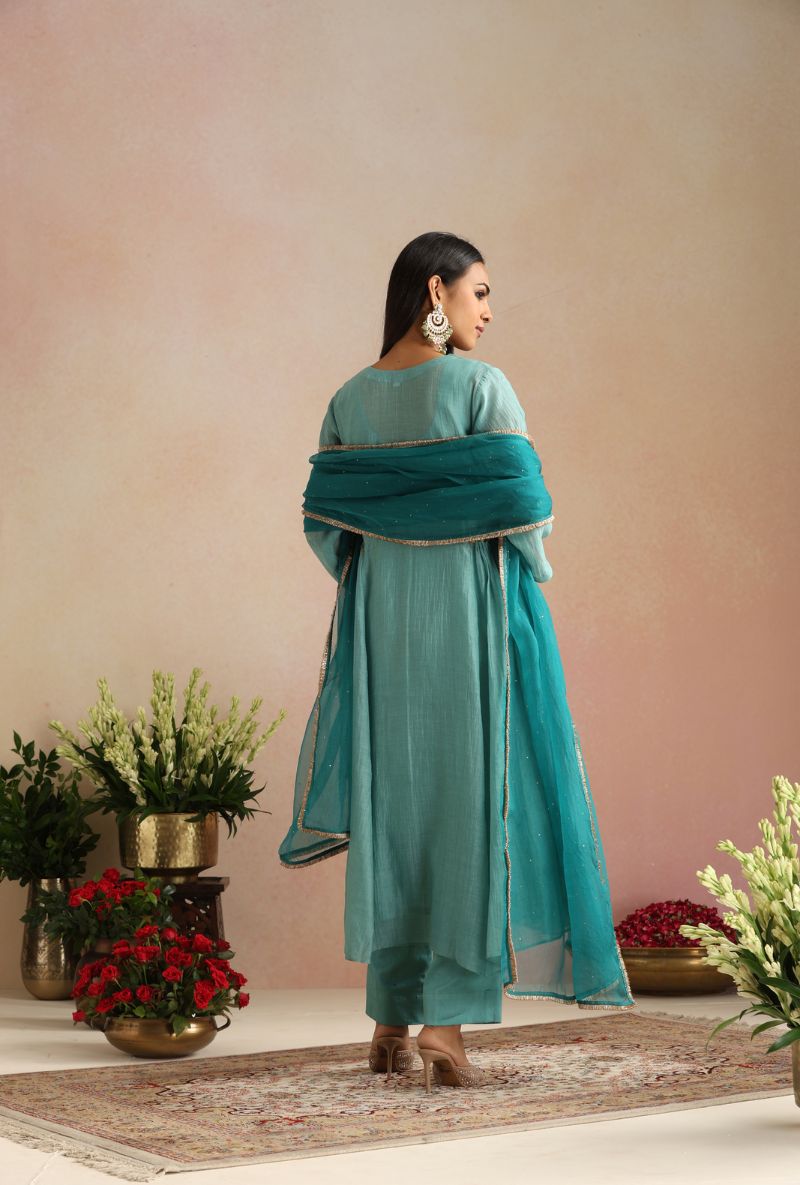 Ice Blue Zari And Dabka Work Itrh Kurta Set
