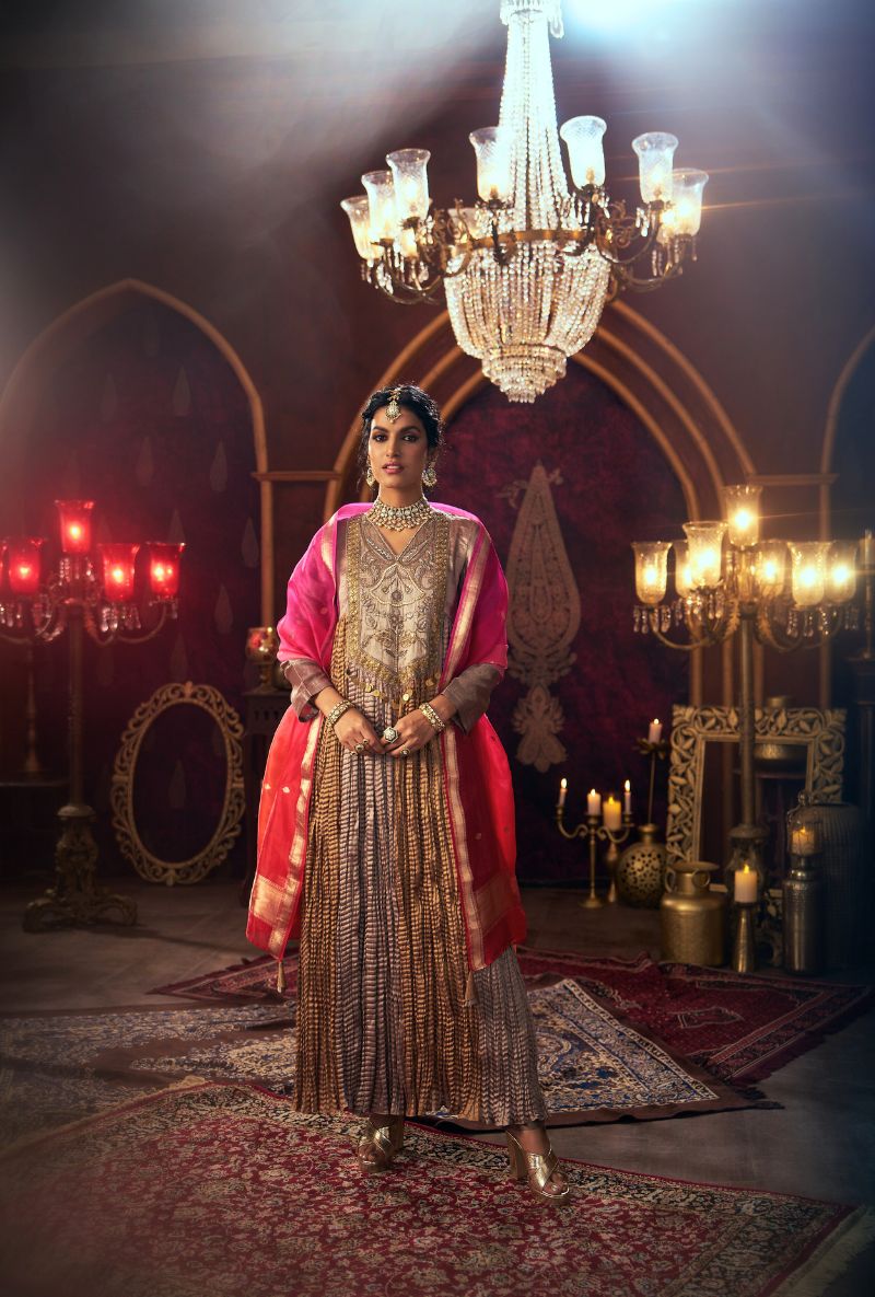 Metallic Pink Crushed Long Yoke Kainaat 2.0 Anarkali Set