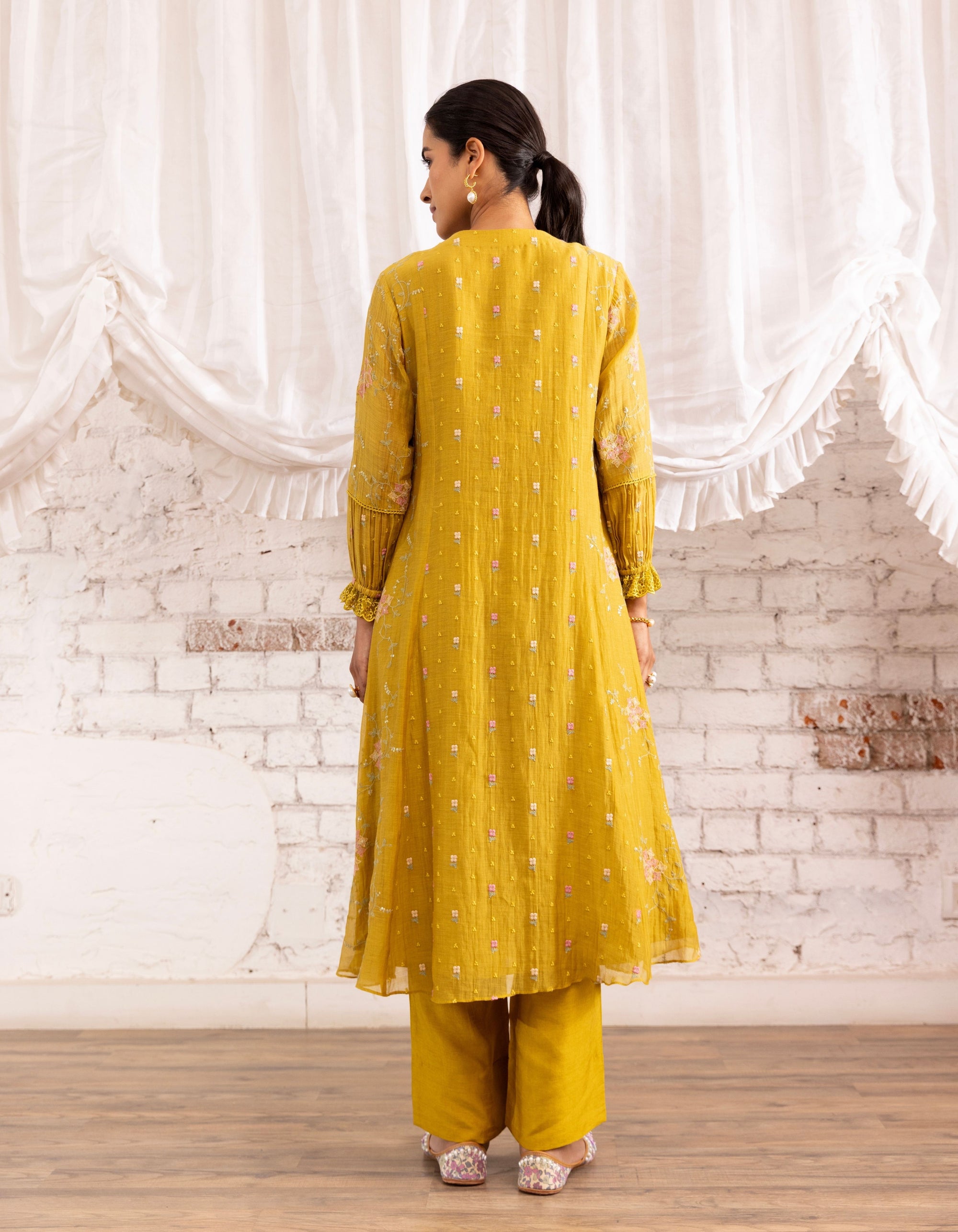 Mustard Threadwork Long Yoke Noor Kurta Set