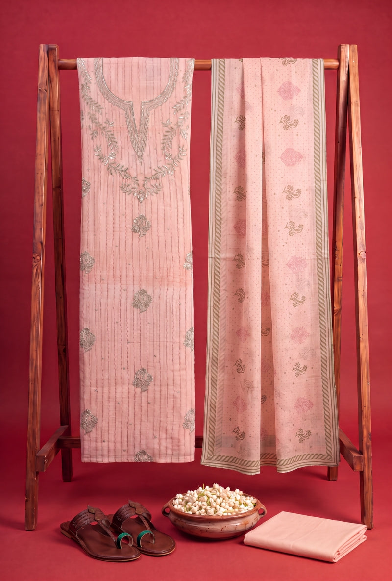 Gota Work Yoke Block Print Unstitched Suit Set