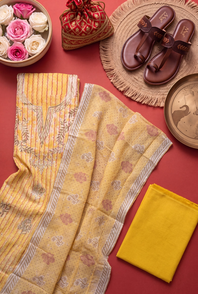 Gota Work Yoke Block Print Unstitched Suit Set
