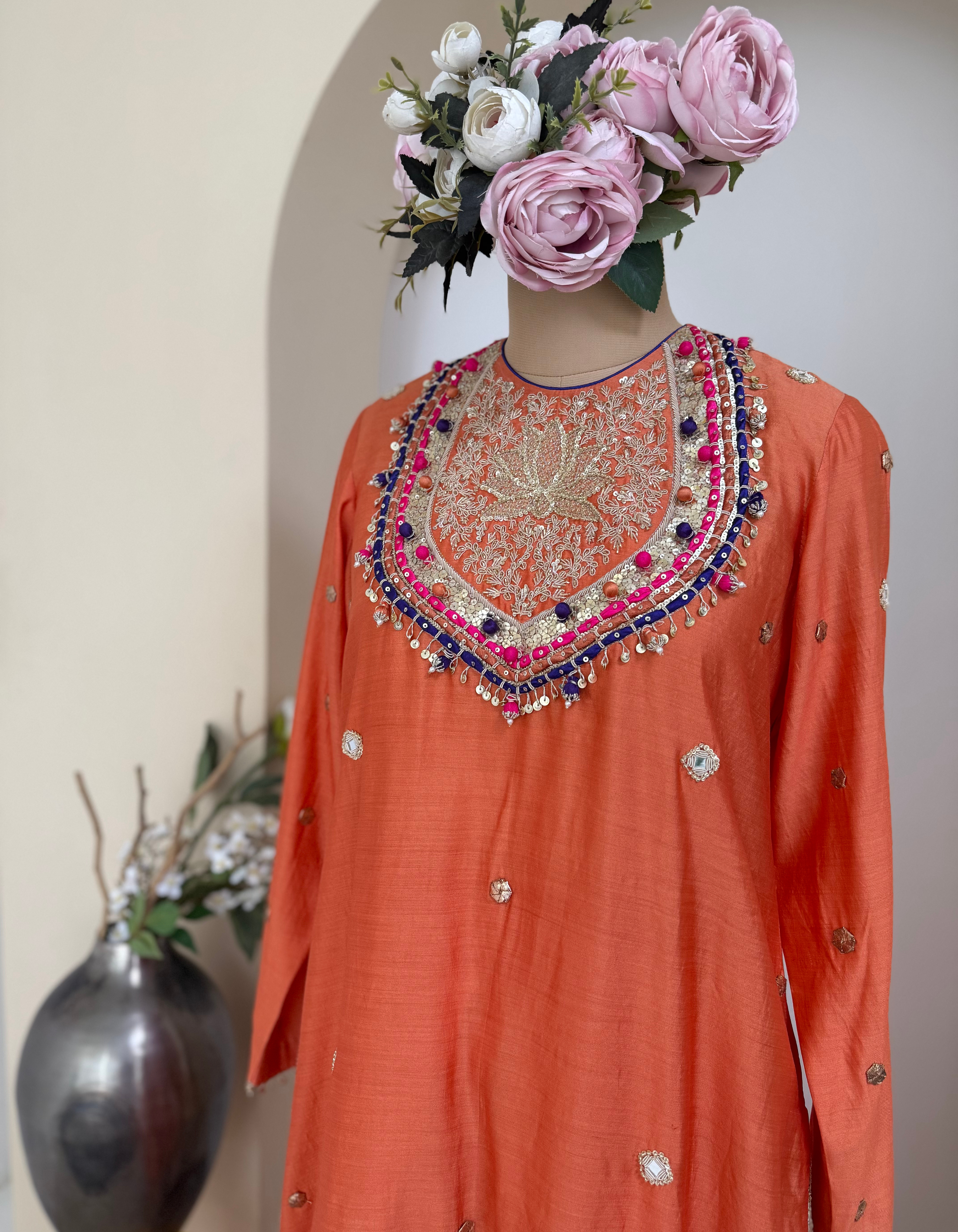 Orange Lotus Yoke Rani Kurta Set