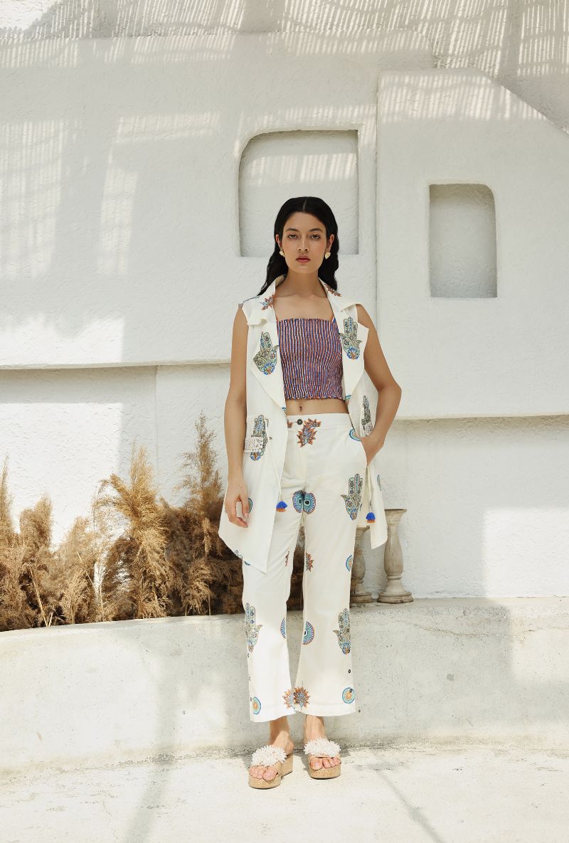 Ivory Hamza Print Gaze Jacket Set