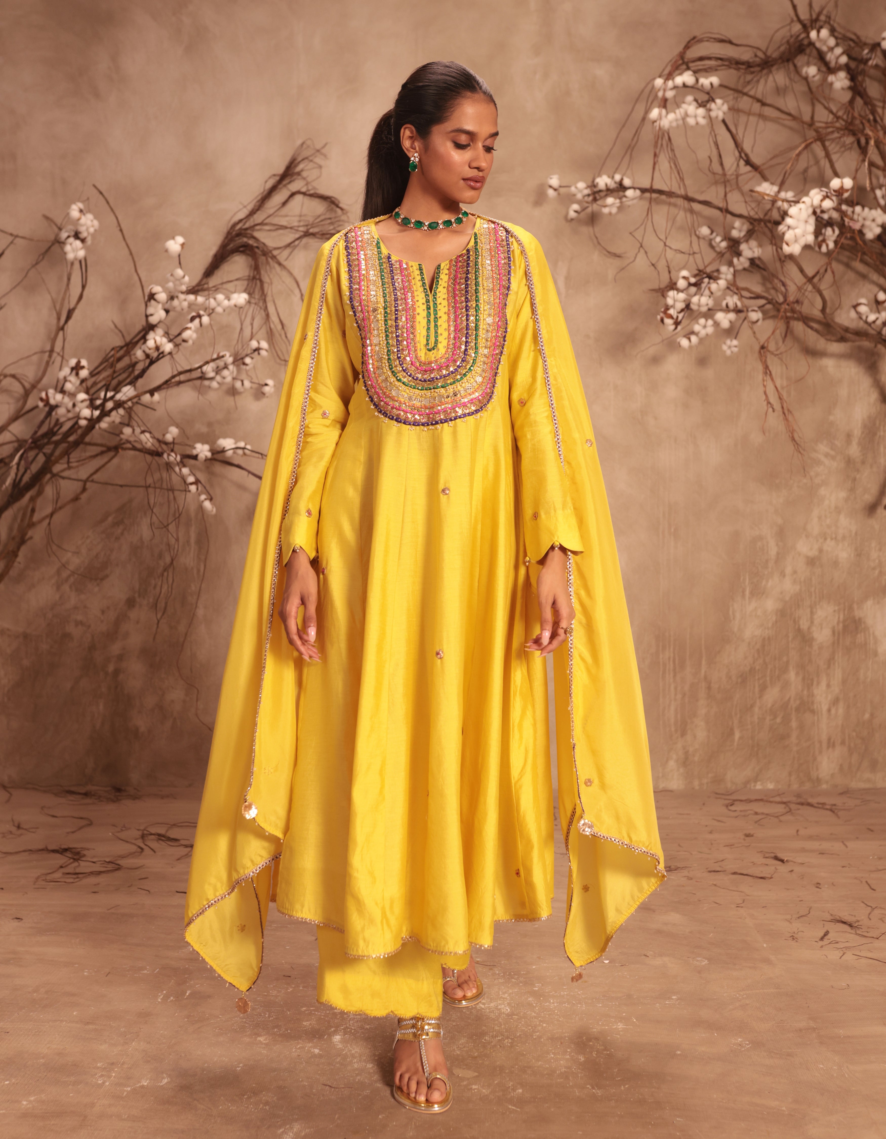 Yellow Multicolour Yoke Rani Anarkali Set