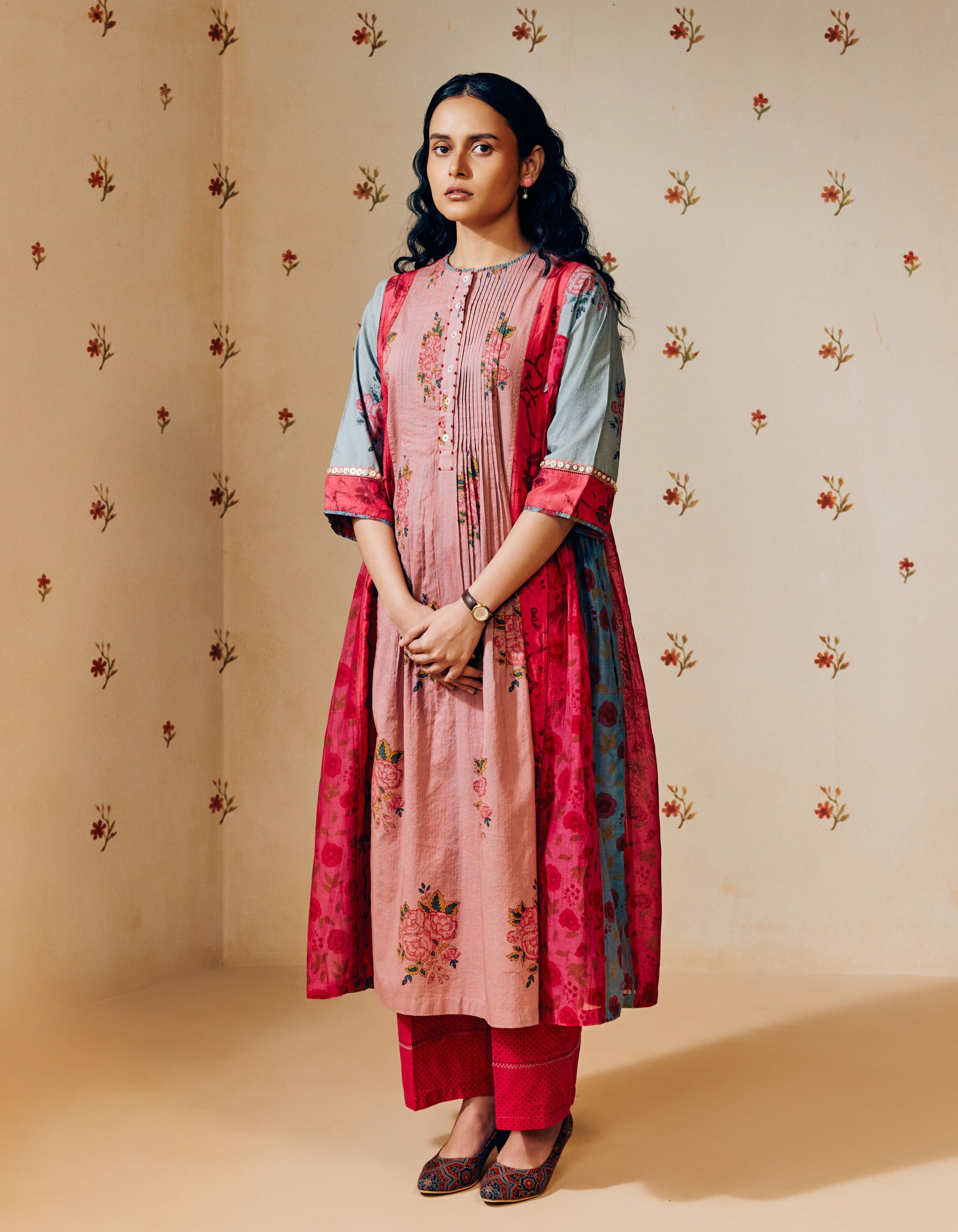 Old Rose Hand Block Printed Multi Panel Mia Kurta Set