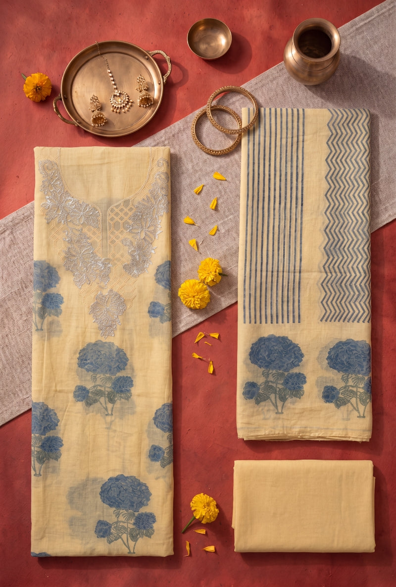 Foil work Yoke Block Print Unstitched Suit Set