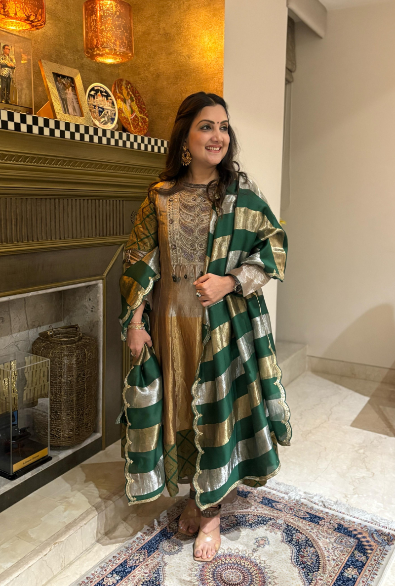 Madhuri Grover in Silver Yoke Tissue Metallic Kainaat Anarkali Set