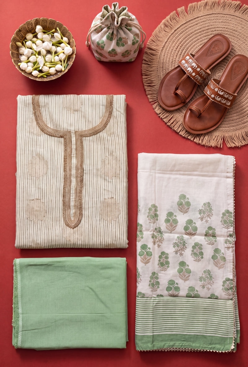 Banarsi Weaving Stripes Block Print Unsitched Suit Set