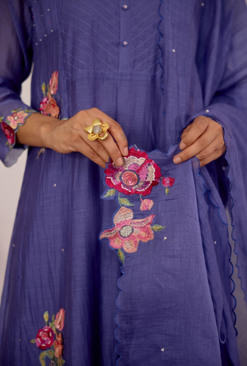 Blue Floral Embroidered &amp; Applique Vaidehi Kurta Set