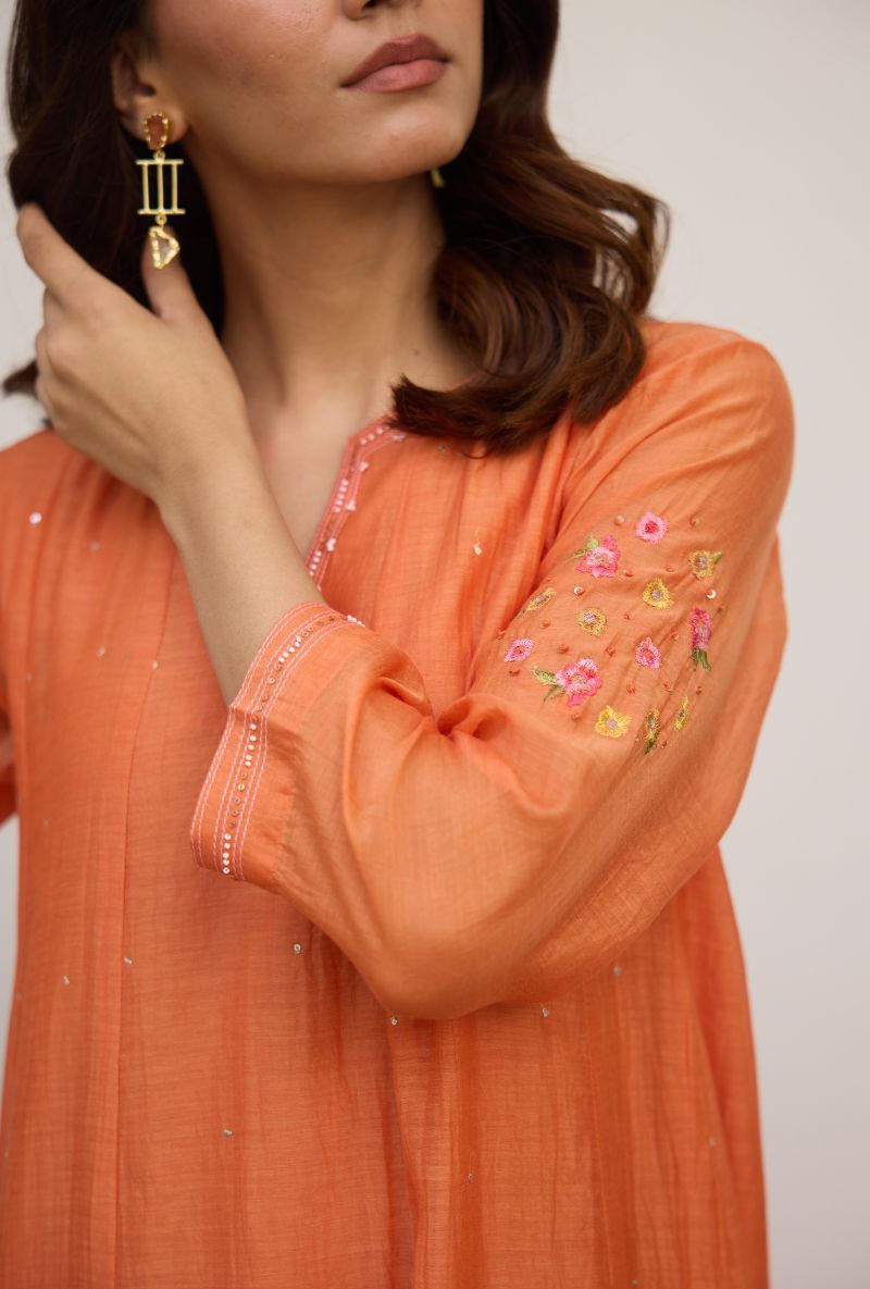 Orange Floral Embroidered with Applique Vaidehi Dress