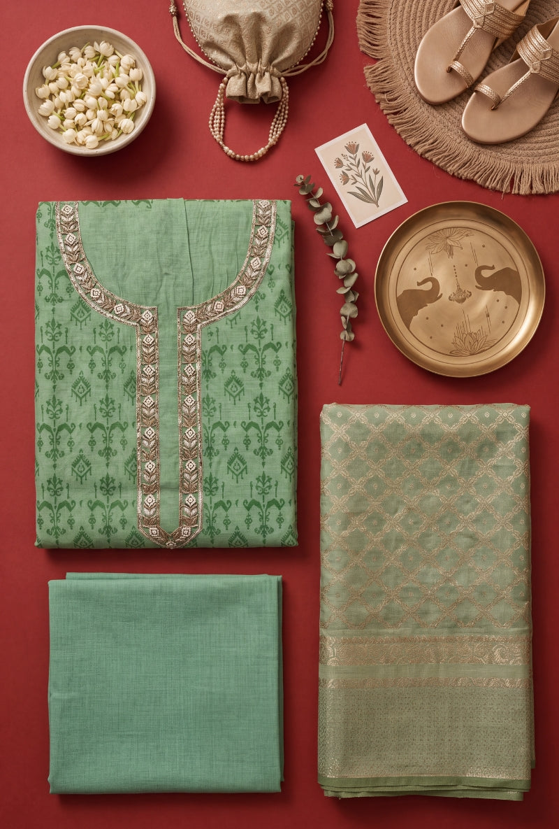 Zari and Moti Neck Block Print Unsitched Suit Set