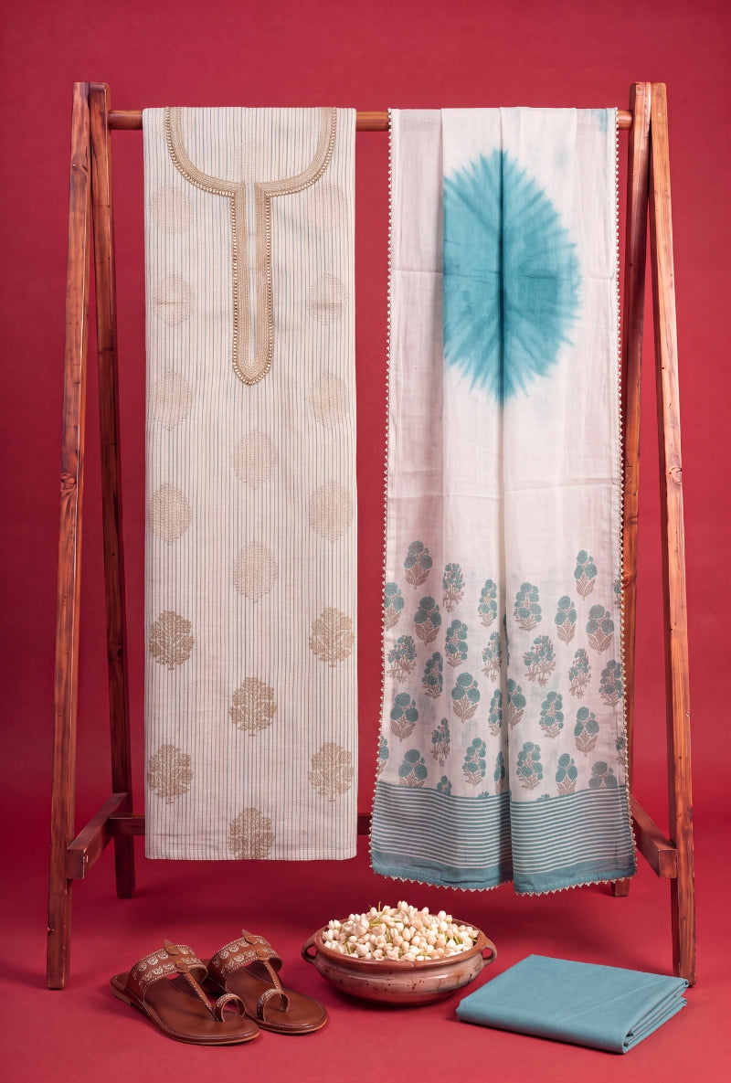 Banarsi Weaving Stripes Block Print Unsitched Suit Set