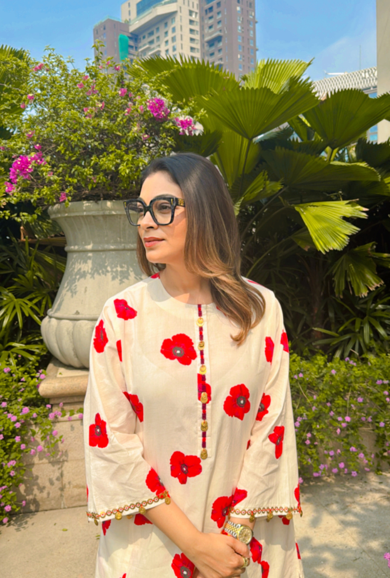 Meghna Nayyar in White Hand Embroidered Poppy Love Letters Kurta Set