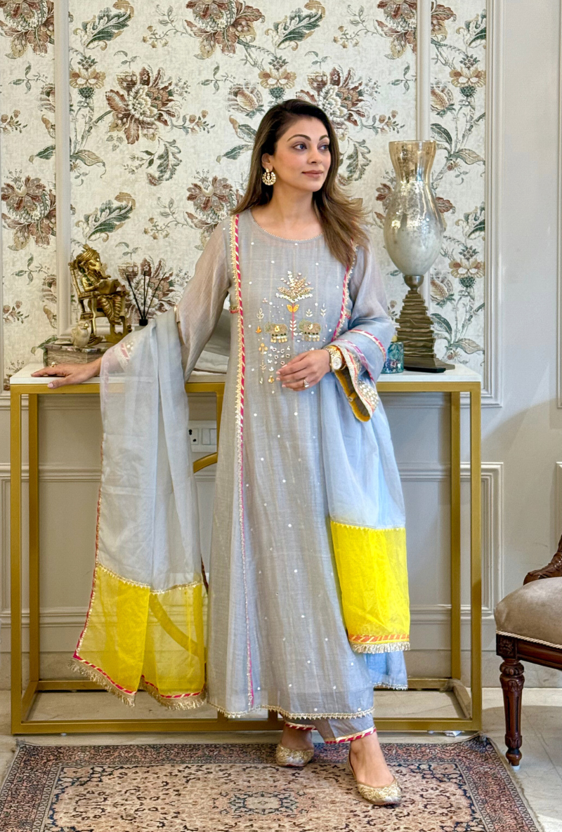Meghna Nayyar in Grey Elephant Motif Morbagh Kurta Set