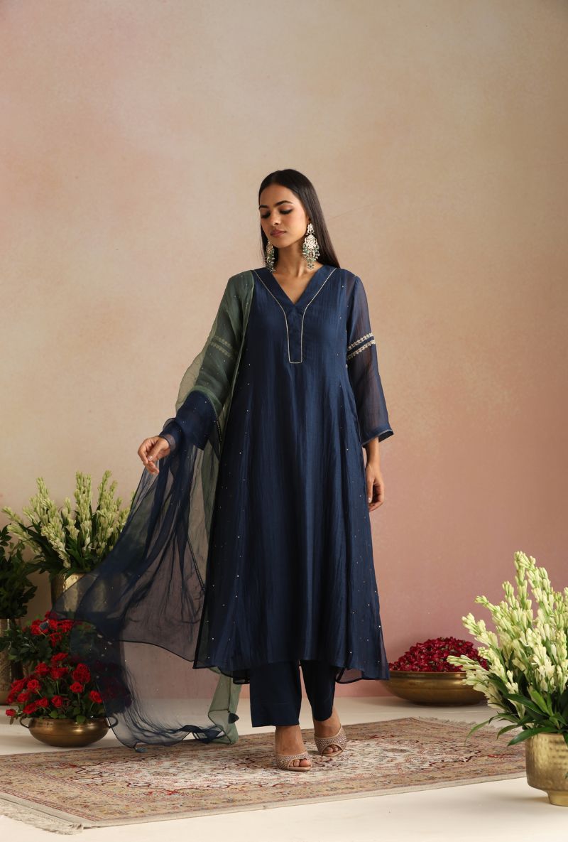 Navy Blue Zari Embroidery Itrh Kurta Set
