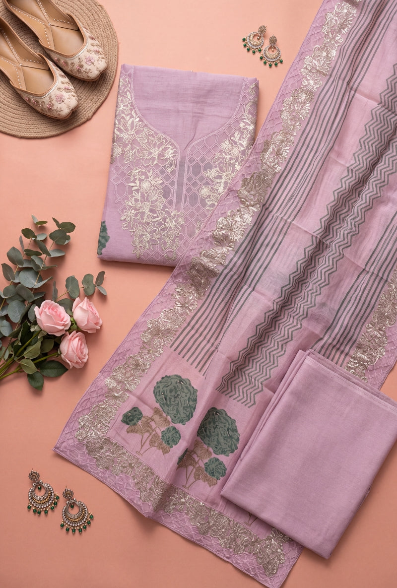 Foil work Yoke Block Print Unstitched Suit Set