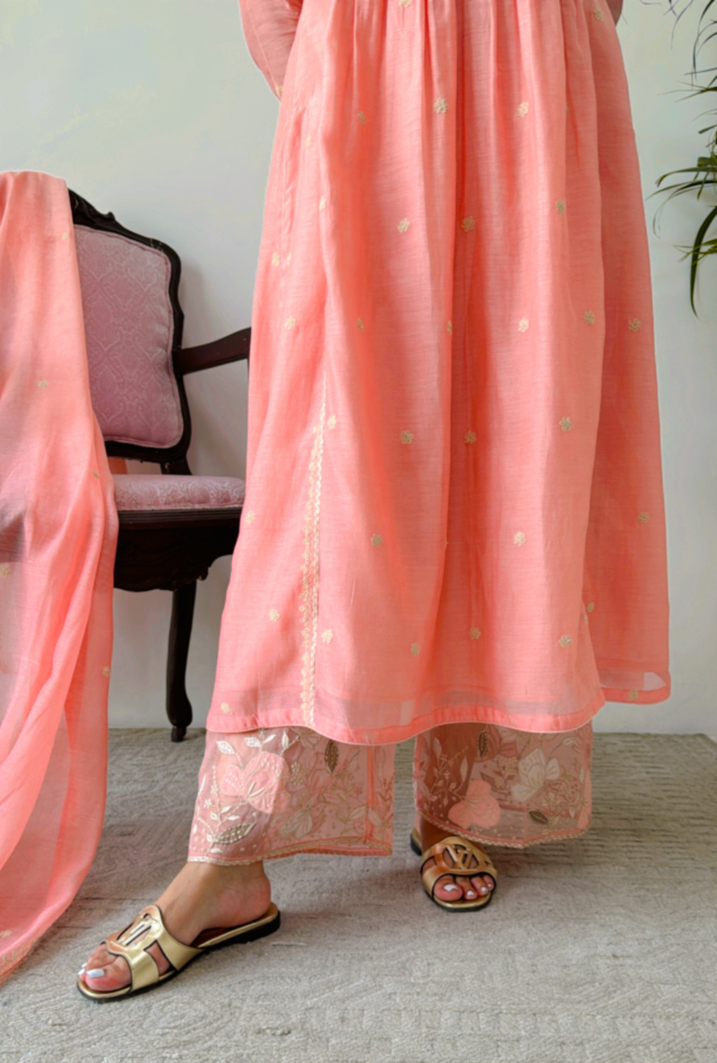 Meghna Nayyar in Peach Applique Yoke Nazam Kurta Set