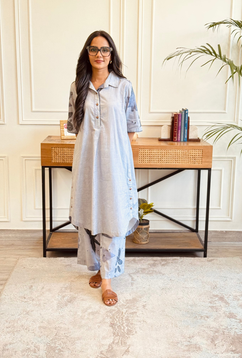 Jyoti Verma in English Blue Eco Print Long Shirt Co-ord Set