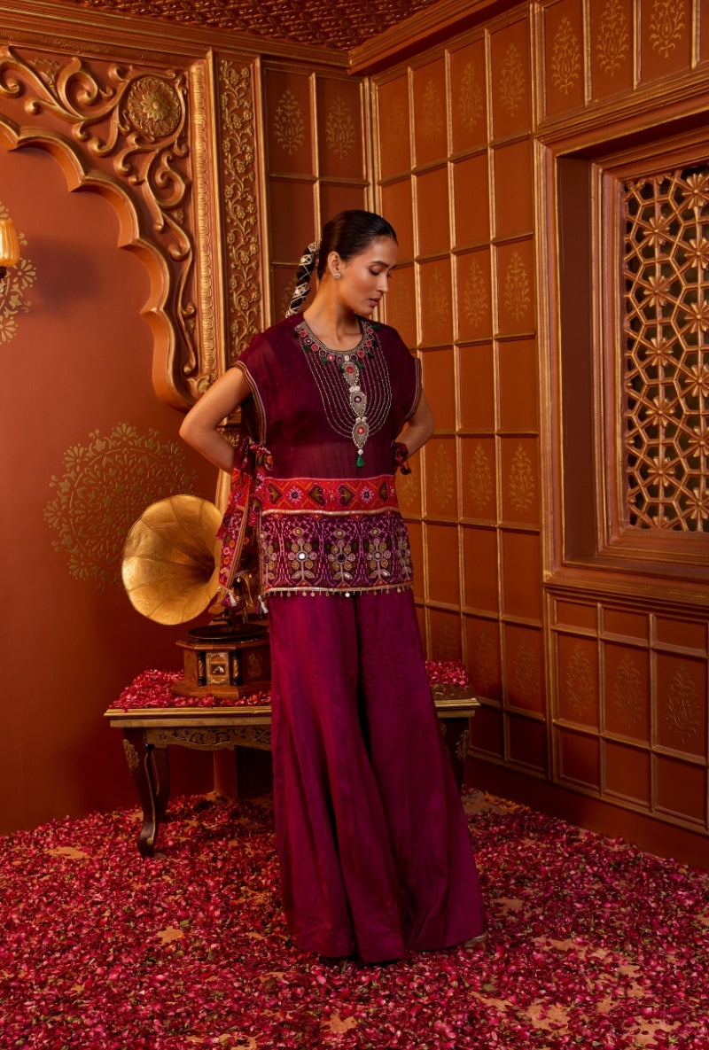 Wine Ptola Print Bib Style Oorja Co-Ord Set