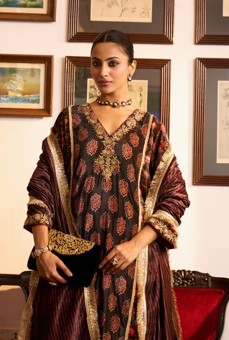 Charcoal Black Printed Panel Dilbar Kurta Set