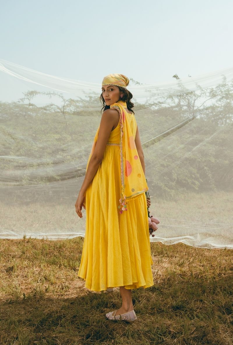 Yellow V-Neck Flared Barfi Dress