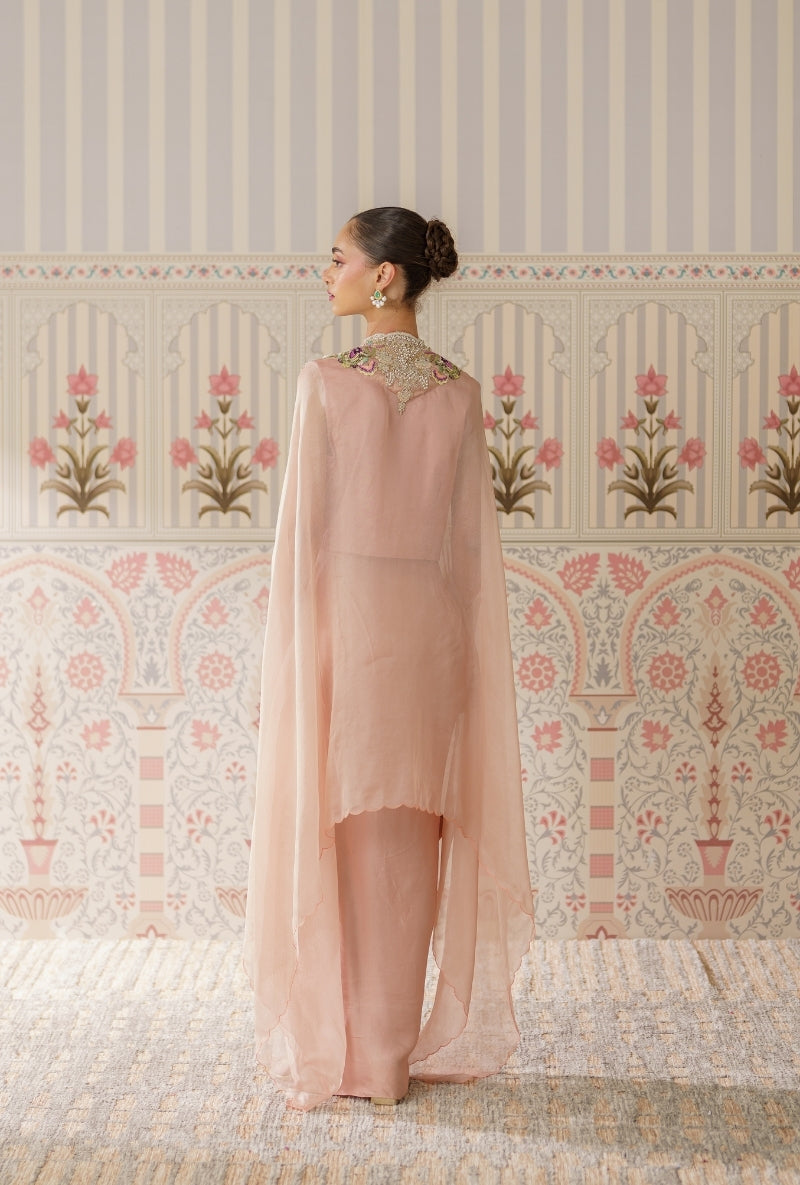 Powder Pink Pearl And Resham Mallika Cape Set