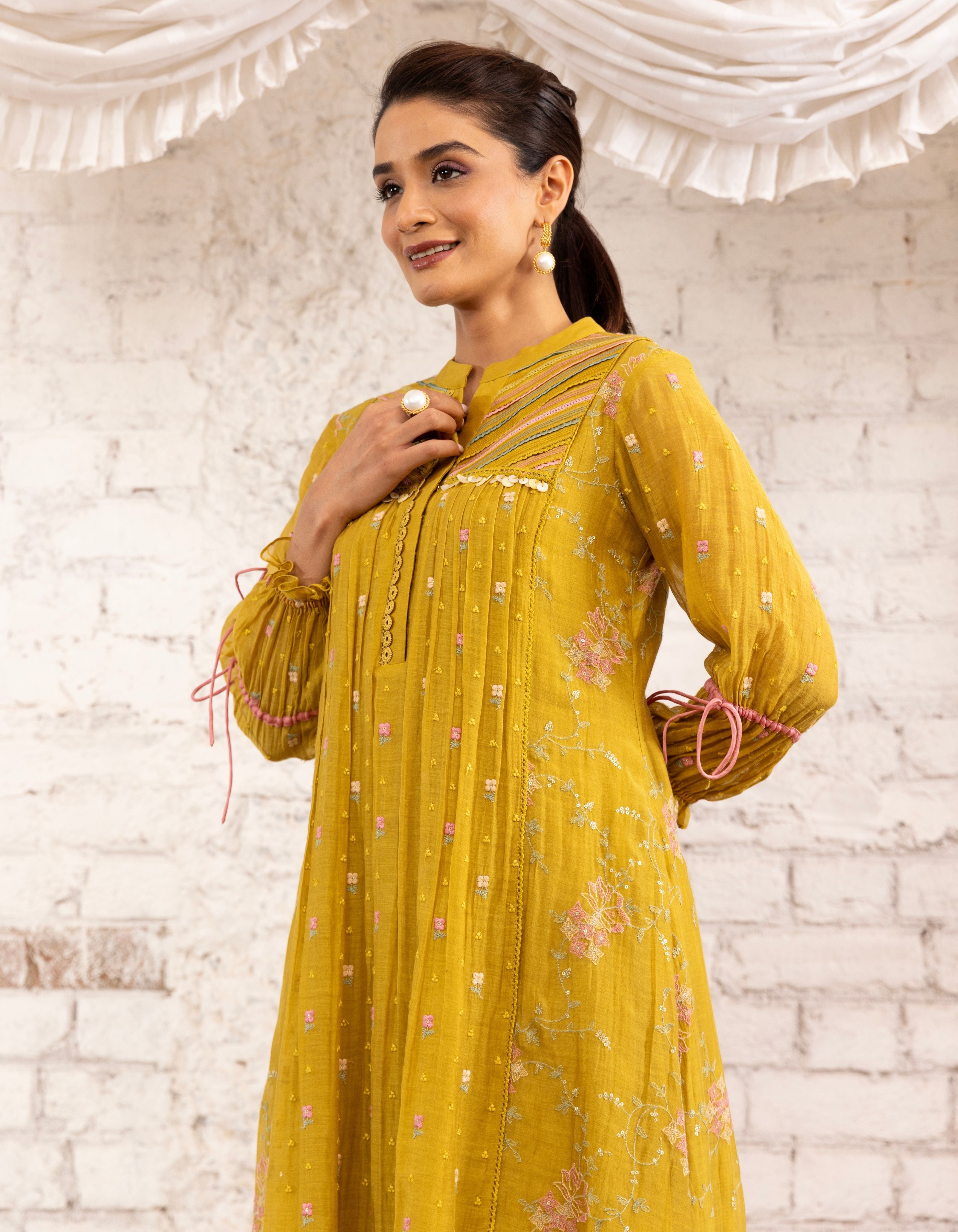 Mustard Threadwork Short Yoke  Noor Kurta Set
