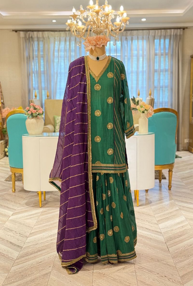 Emerald Green Zari &amp; Sequin Work Kashni Gharara Set