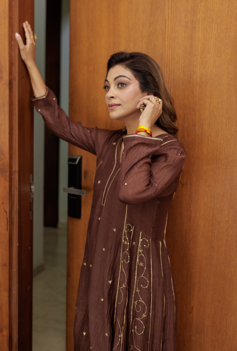Meghna Nayyar in Brown Embroidered Side Panels Urvi Kurta Set