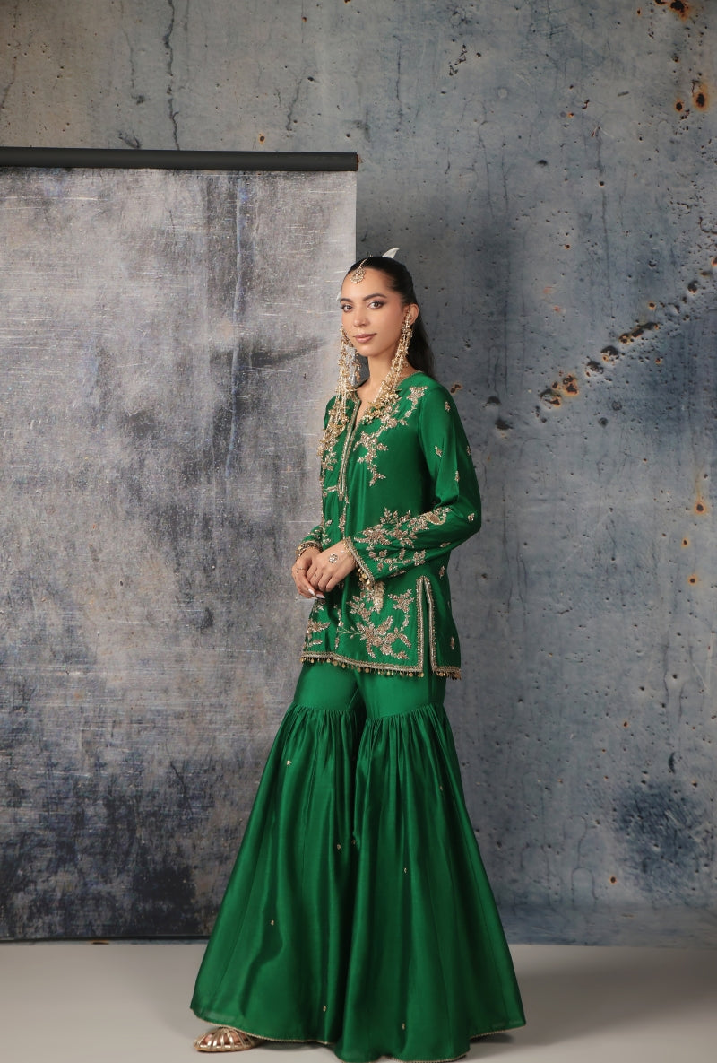 Green Heavy Jaal Embroidery Nihira Sharara Set
