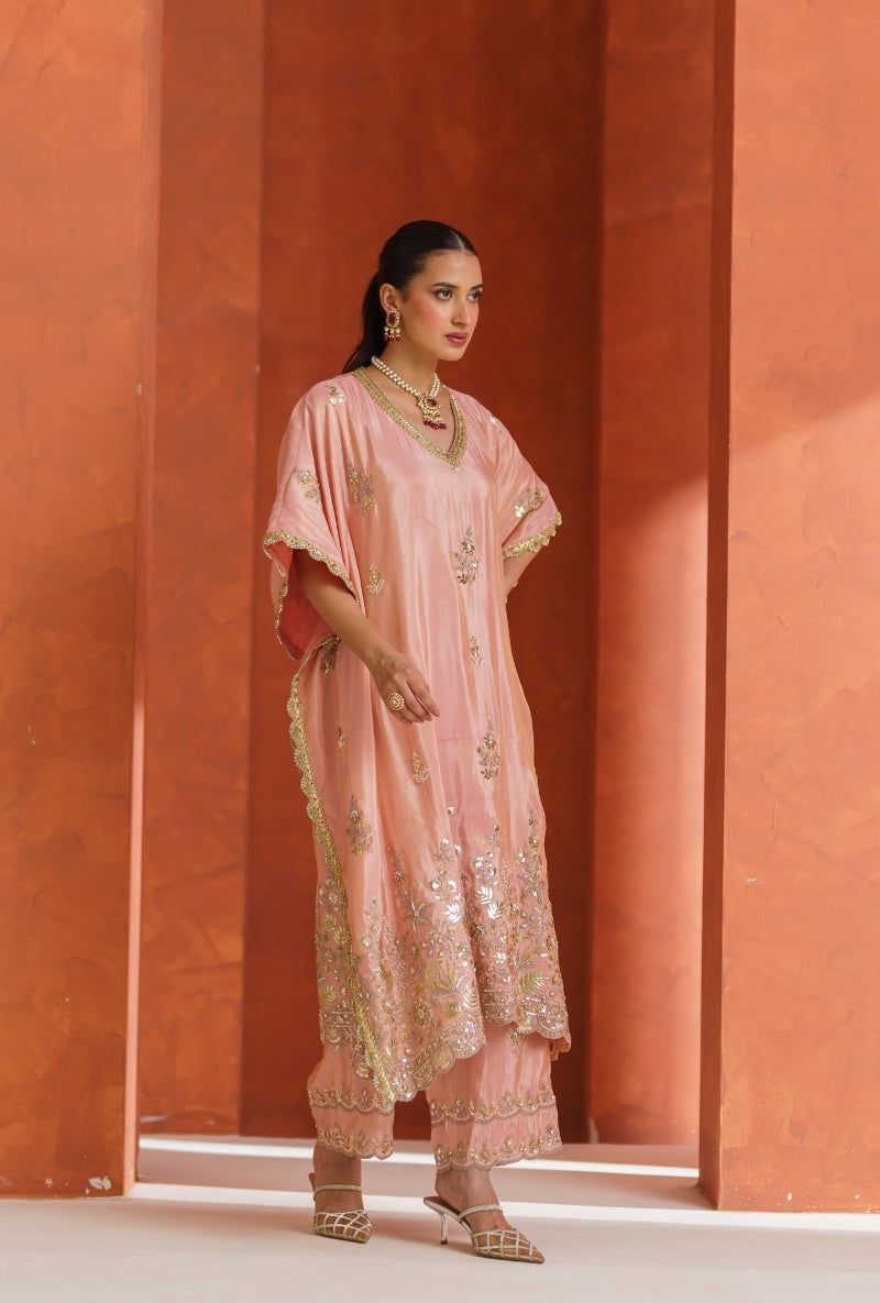 Light Pink Sequin &amp; Zari Work Vira Kaftan Set