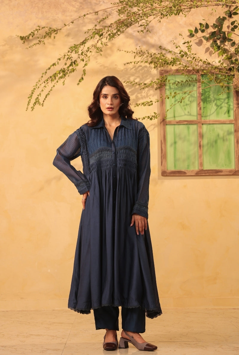 Dark Blue Pintuck Collar Saaz Kurta Set