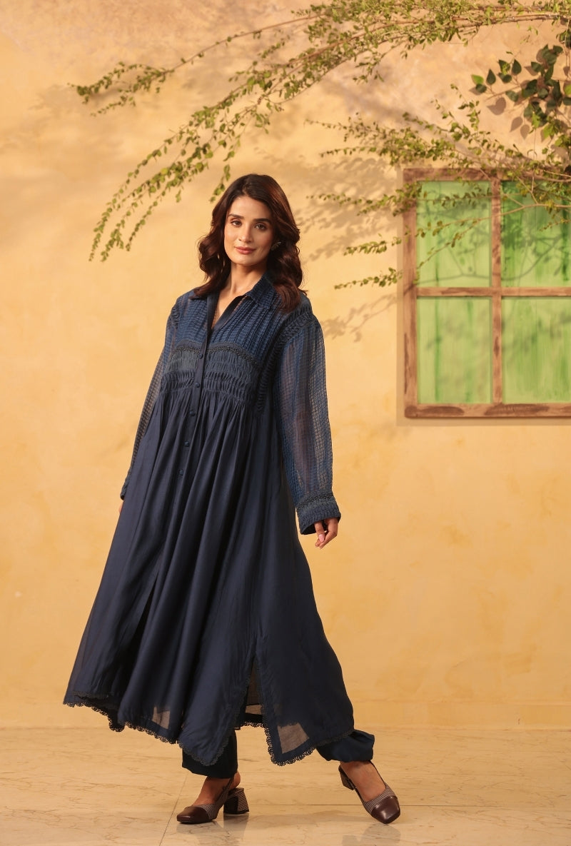 Dark Blue Pintuck Collar Saaz Kurta Set