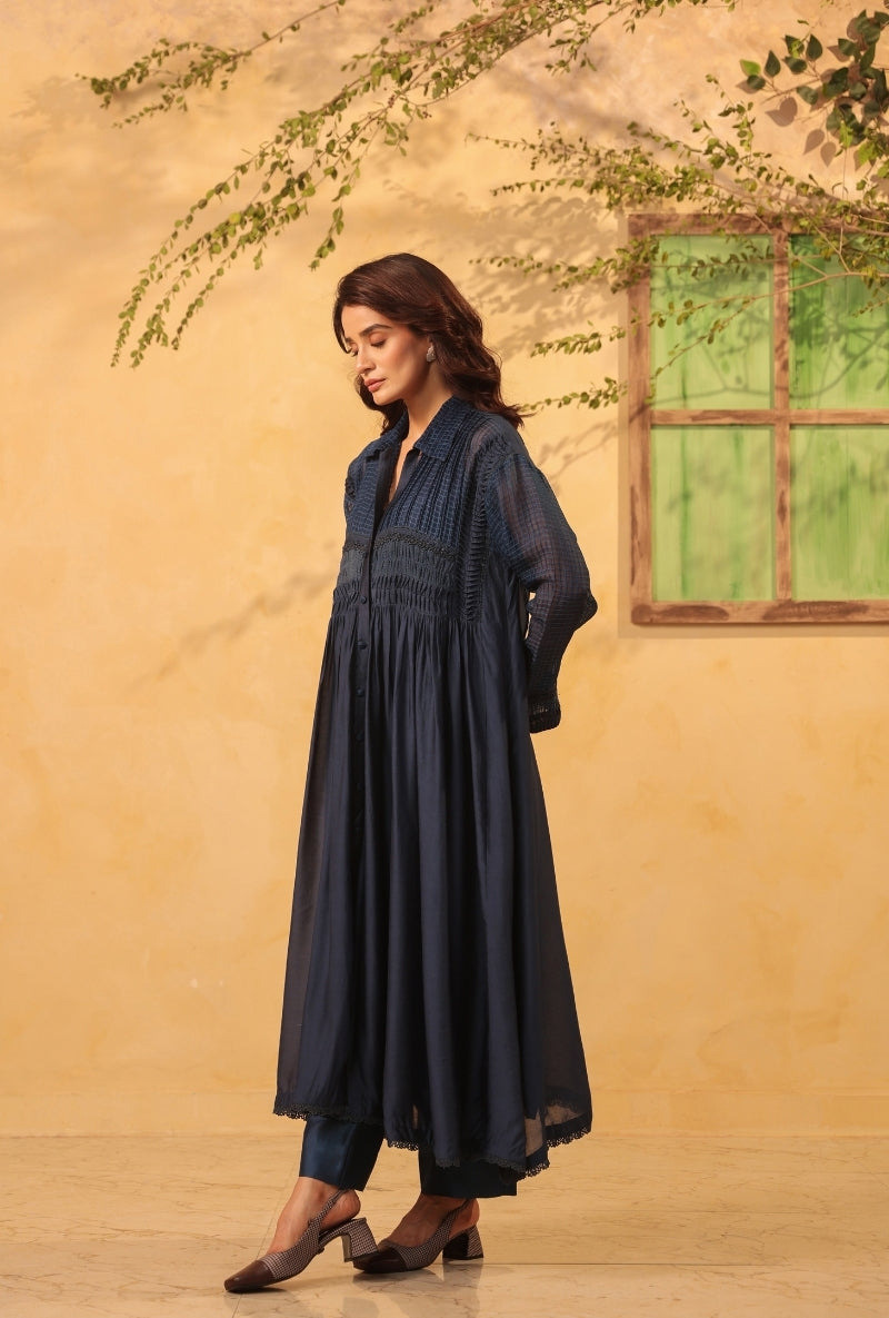 Dark Blue Pintuck Collar Saaz Kurta Set
