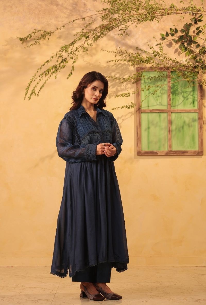 Dark Blue Pintuck Collar Saaz Kurta Set