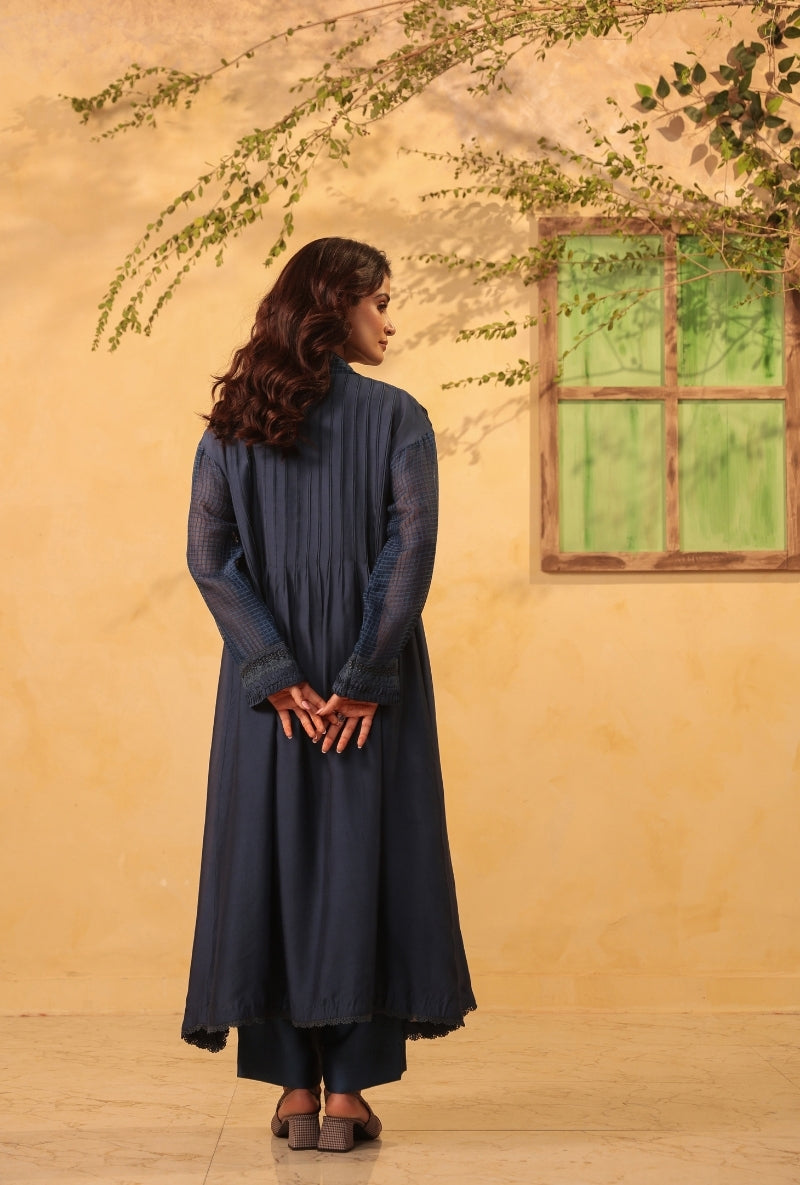 Dark Blue Pintuck Collar Saaz Kurta Set