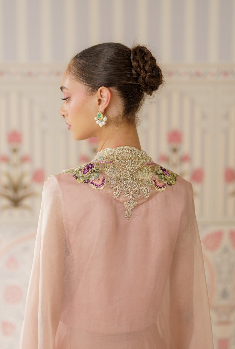 Powder Pink Pearl And Resham Mallika Cape Set
