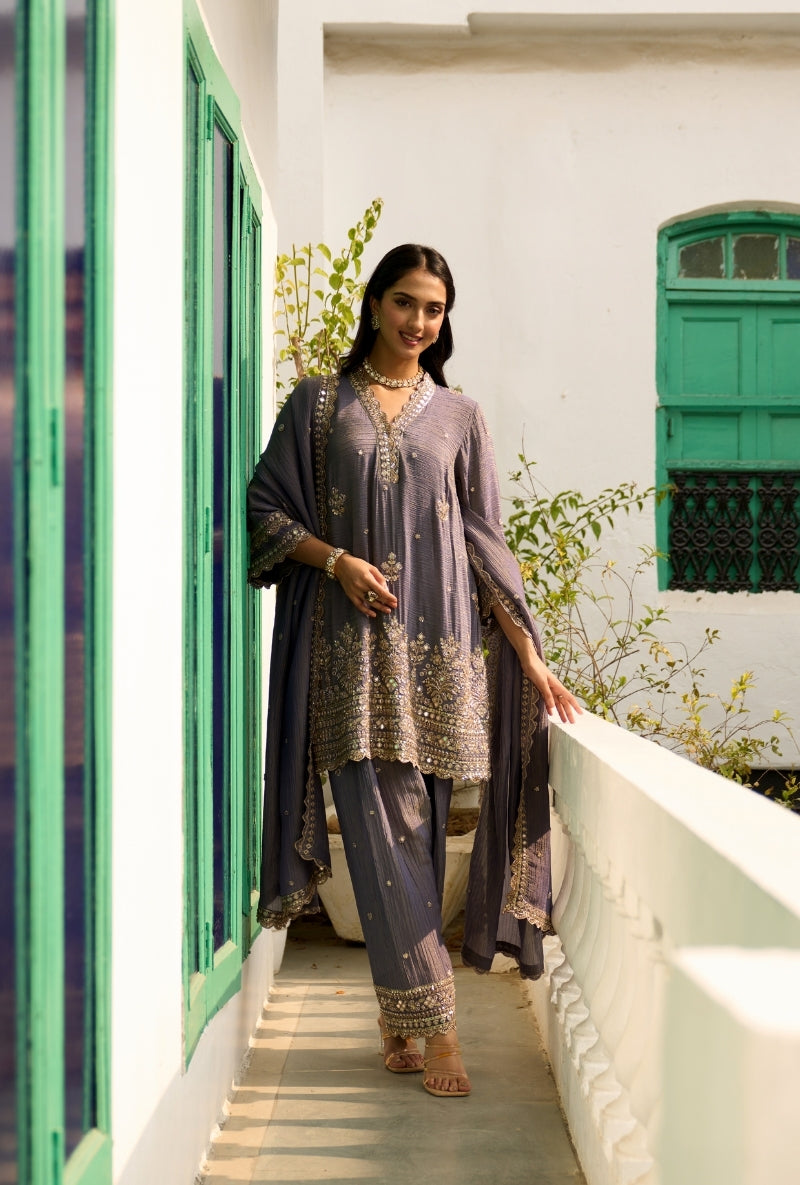 English Blue Embroidered A-Line Nadira Farshi Salwar Set