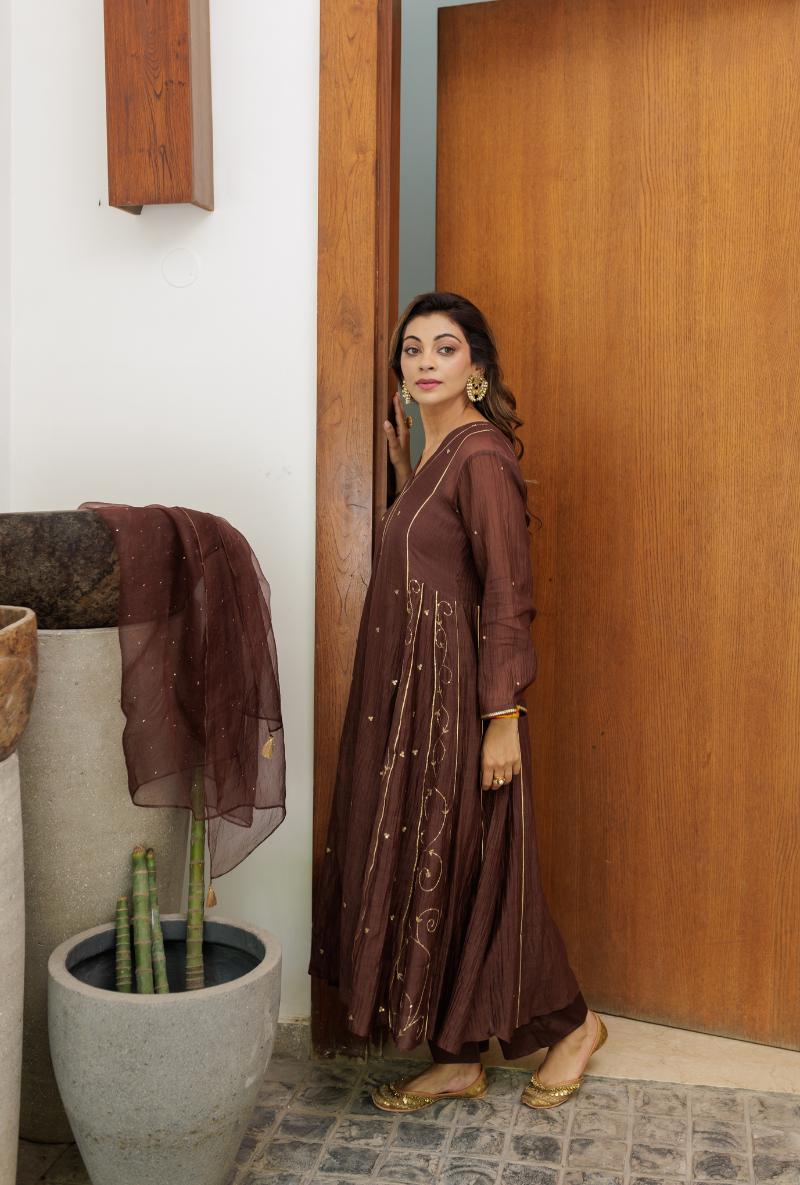 Meghna Nayyar in Brown Embroidered Side Panels Urvi Kurta Set