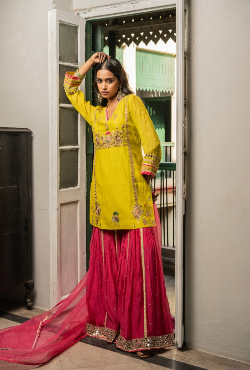 Lime Yellow Elephant Motif Contrast Kavya Sharara Set