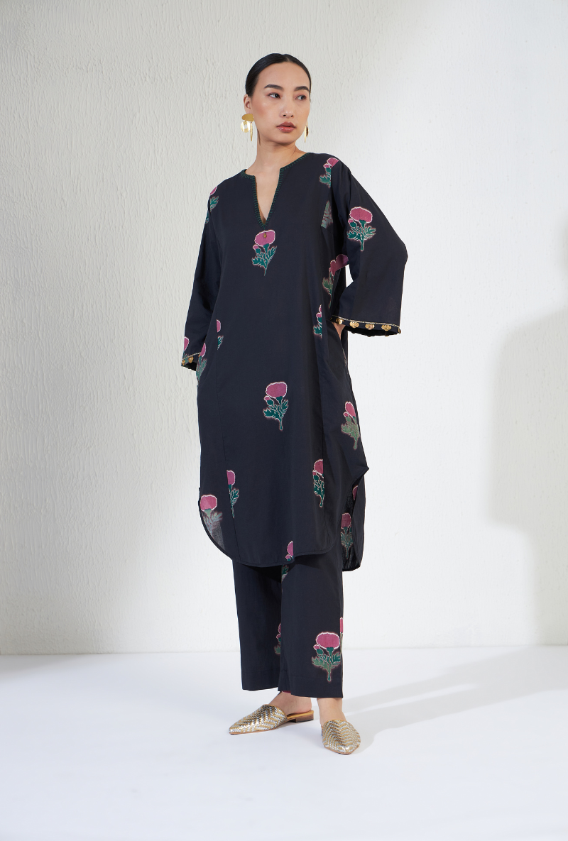 Black Hand Block Print Gulnaar Olivia Kurta Set