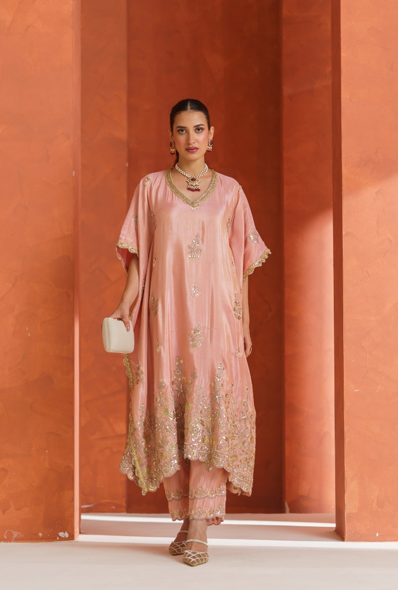 Light Pink Sequin &amp; Zari Work Vira Kaftan Set
