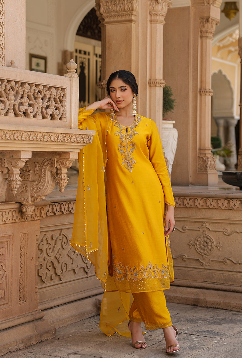 Yellow Heavy Long Raag Kurta Set