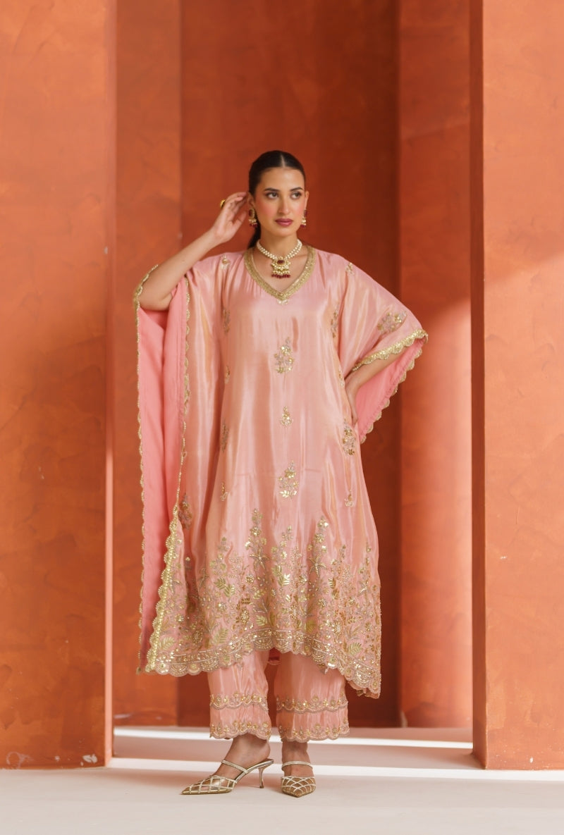 Light Pink Sequin &amp; Zari Work Vira Kaftan Set