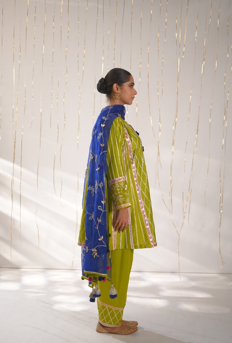 Mehendi Green Gota Lace Patti Short Mehreen Kurta Set