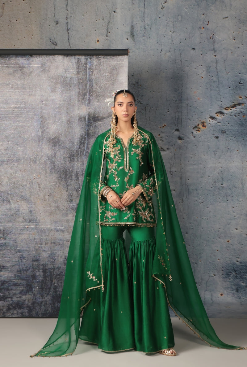 Green Heavy Jaal Embroidery Nihira Sharara Set