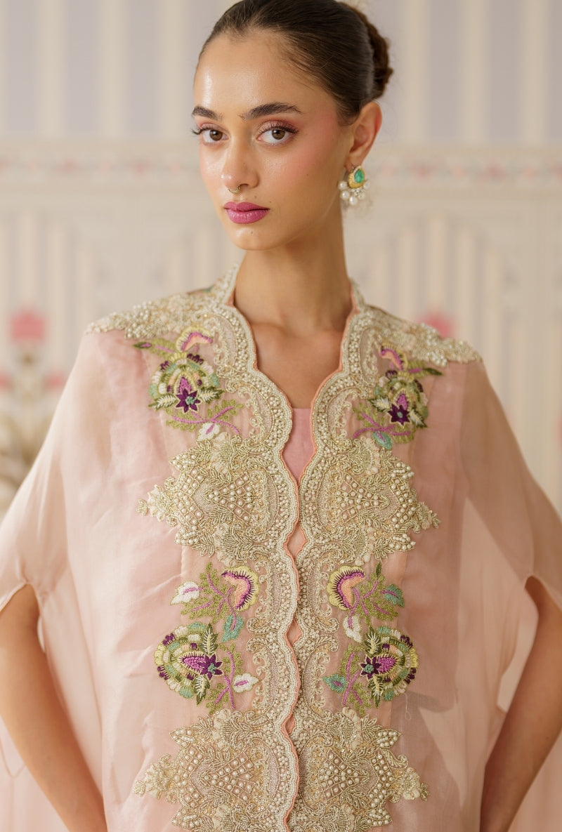 Powder Pink Pearl And Resham Mallika Cape Set