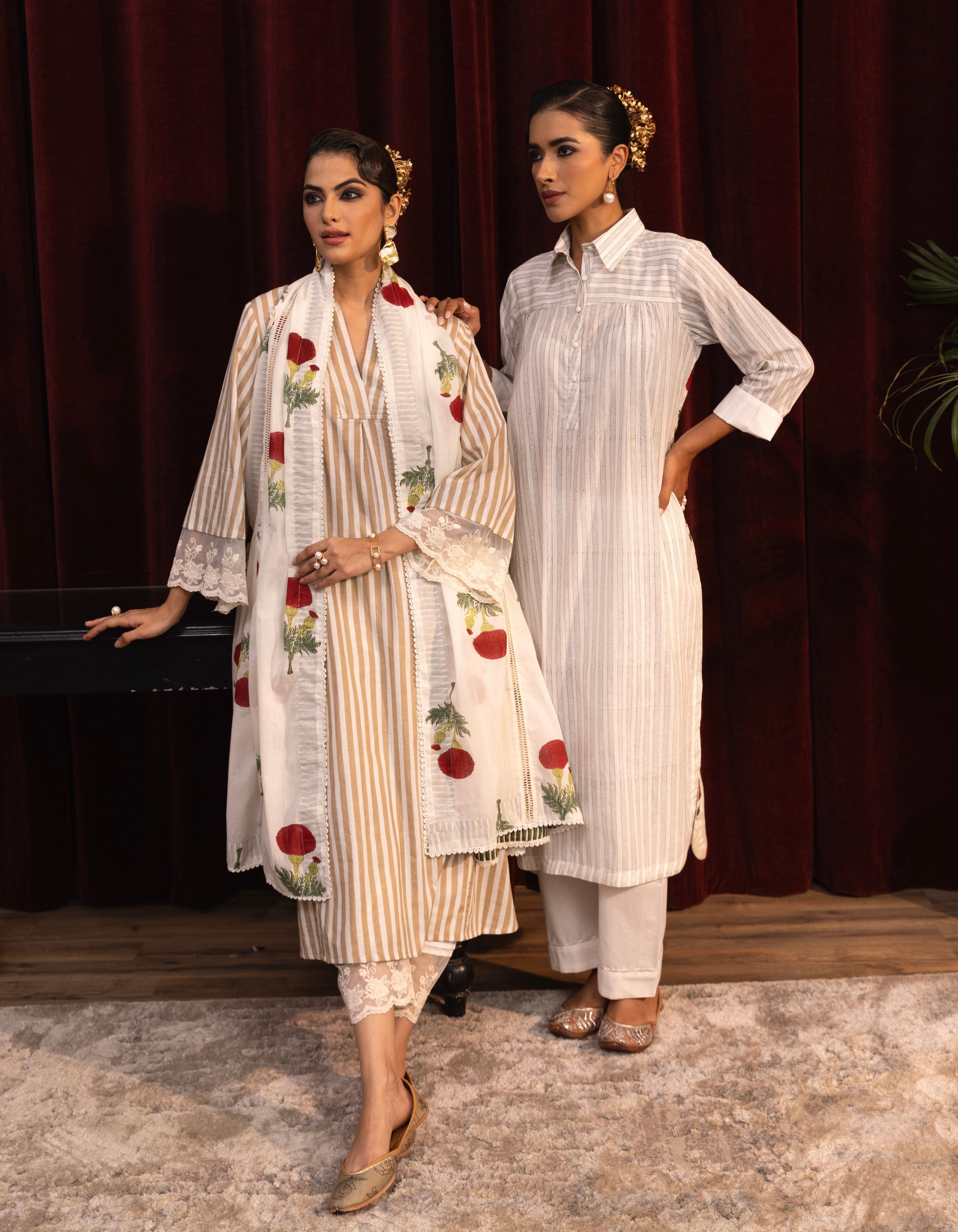 Beige and White Stripes Block Print Mogra Kurta  Set