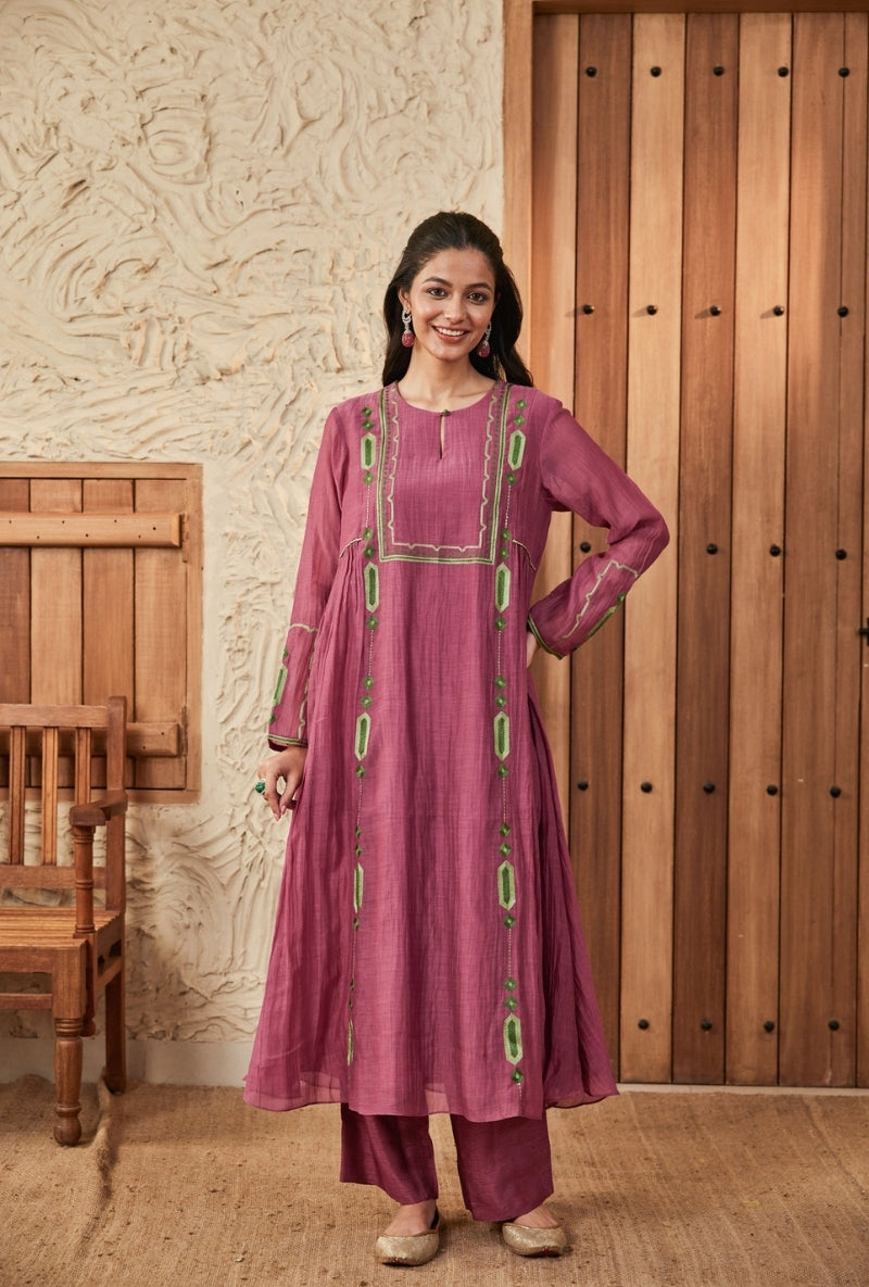 Wine Resham Yoke A-Line Aadhya Kurta Set