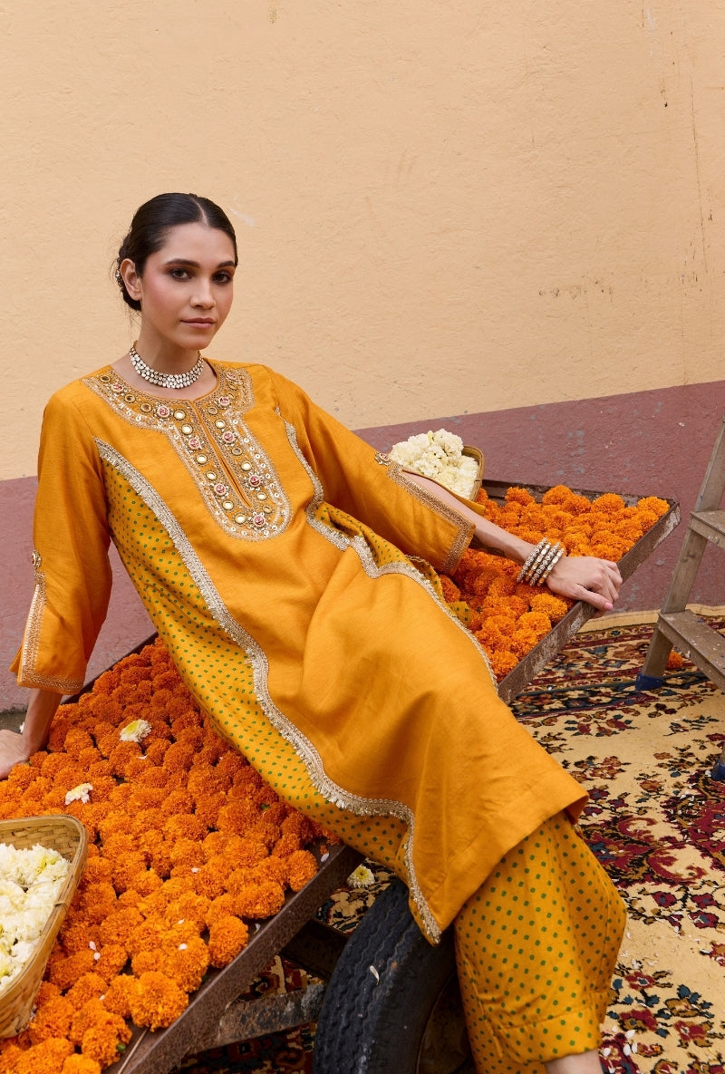 Yellow Mirror And Zardozi Embroidered Oorja Kurta Set